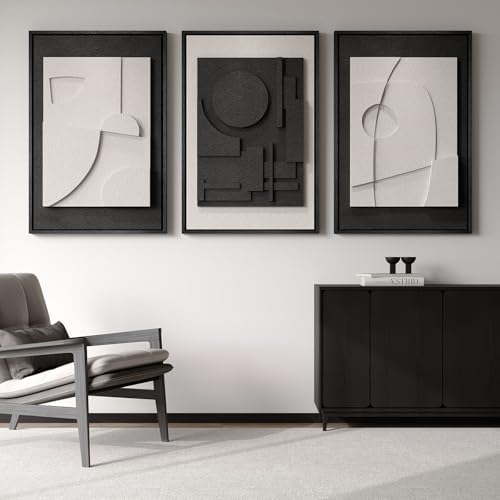 Large Framed Black and White Modern 3D Abstract Wall Art Set