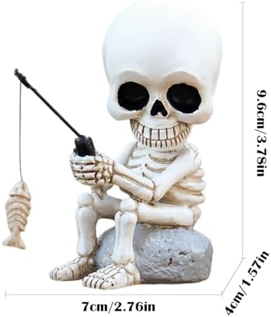 Fishing Skeleton Statue with Rotating Head Funny Halloween Decor, 3.8 Inch Cute Sitting Skull Figurine Resin Sculpture for Outdoor Garden Yard Lawn Pond Pool Ornaments