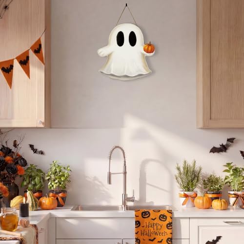 Smile Halloween Wooden Door Hanger with Cute Ghost Design Wall Decor