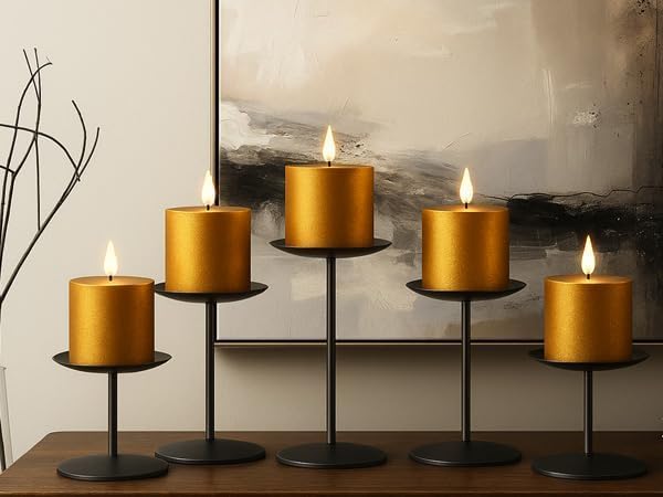 smtyle Black Candle Stands for Pillar Candles, Reversible Set of 5 | Five reversible stands create a broader tiered