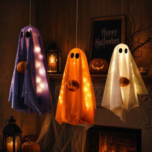 3 Pcs LED Light Up Hanging Ghosts, Halloween Decorations Outdoor