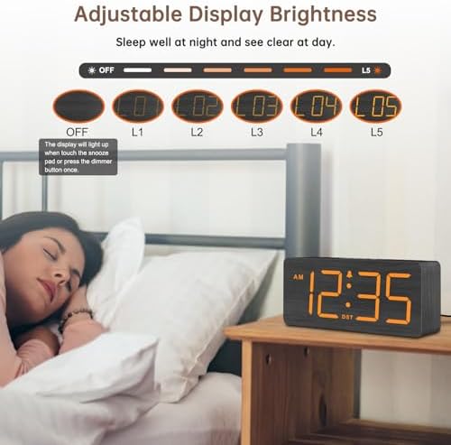 DreamSky Wooden Digital Alarm Clock for Bedroom with Large Numbers