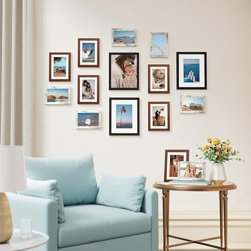 Vittanly 15 Pack Picture Frame Set, Black, Walnut Brown, Distressed White