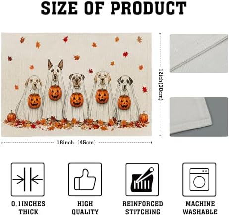 Halloween Placemats Set of 4 18x12 Inch Ghost Dog Pumpkin Fall Maple Leaves Linen Place Mats Heat-Resistant Washable Wipeable Autumn Holiday Table Mat for Party Kitchen Dining Room Dinner Table Decor