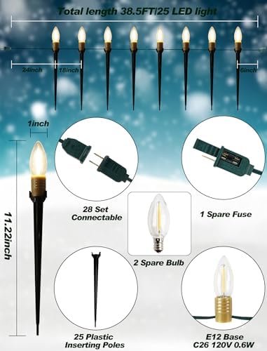 38.5FT Christmas Pathway Lights Outdoor, 25PK LED C26 Yard Stake Lights