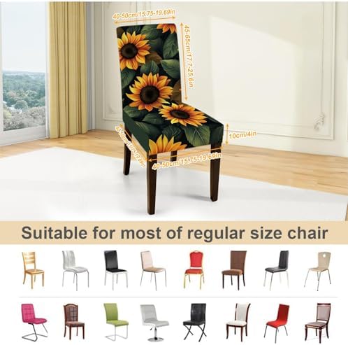 Sunflower Chair Covers for Dining Room – Stretch Floral Slipcovers with Bright Yellow Sunflowers on Dark Background – Washable Decorative Seat Protectors for Kitchen, Summer, Farmhouse Decor,Set of 4