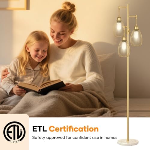 Dimmable Floor Lamp,3x800LM LED Bulbs Included, Farmhouse Industrial Floor Lamp Standing Tree Lamp with Teardrop Cage