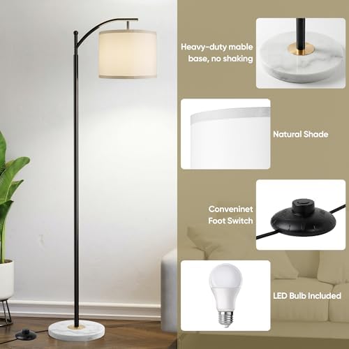 Floor Lamp for Living Room with Marble Base, Modern Standing Lamp with 3 Color Temperatures Bulb & Adjustable Linen