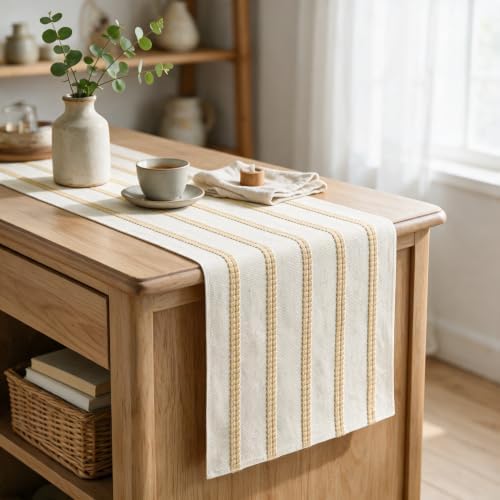 Artoid Mode Burlap Brown Farmhouse Woven Stripe Table Runner, Seasonal Holiday Boho Rustic Kitchen Dining Table Decoration for Home Party Decor 12x72 Inch