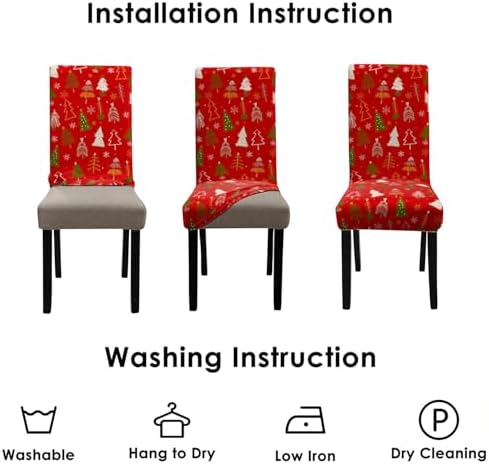 Red Christmas Chair Covers Set of 4,Winter Christmas Tree Snowflake Elk Chair Protectors,Elastic Removable Washable Dining Chair Covers for Winter Christmas Kitchen Dining Room Holiday Decor