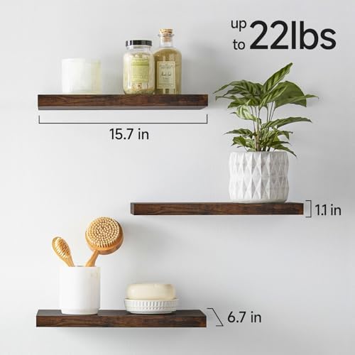BAYKA Rustic Brown Bathroom Floating Shelves, 15.7in, 3Pk, Wall Mount Shelf