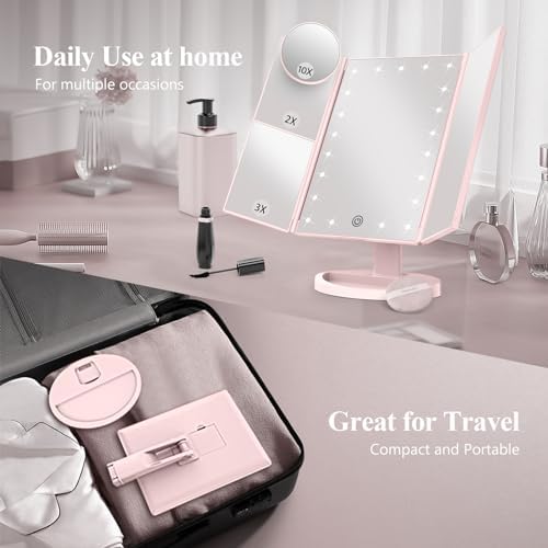 HUONUL 2X/3X/10X Magnifying Vanity Mirror with Light, Trifold Makeup Mirror
