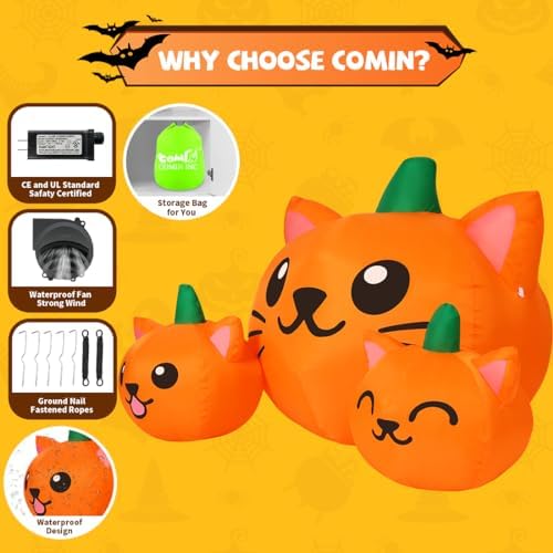 COMIN Halloween Inflatable 5FT Long Three Pumpkin Cat Head Combo with Built-in LEDs, Blow Up Yard Decoration for Holiday Party Indoor, Outdoor, Yard, Garden, Lawn