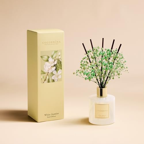 COCORRÍNA Reed Diffuser - White Jasmine 6.7 Fl.oz Reed Diffuser Set with Sticks & Preserved Baby's Breath, Reed