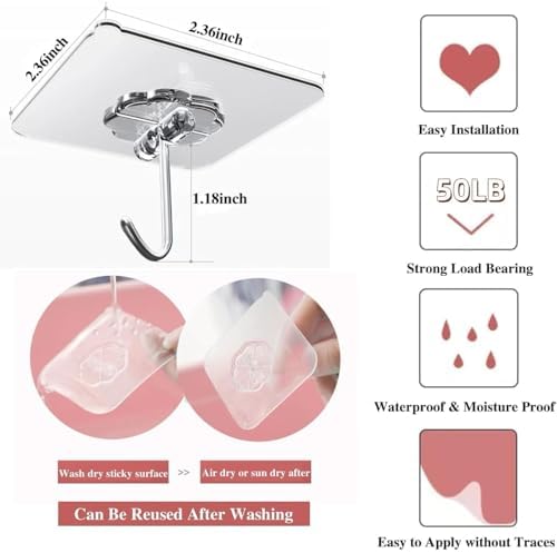DDMY Hooks for Hanging, 50 Pack Wall Hooks 50lb(Max) Transparent Reusable Waterproof Adhesive Hook for Kitchen Curtain