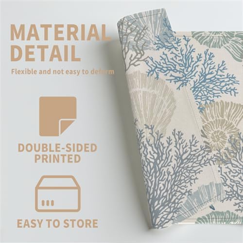 Nautical Coastal Placemats Set of 4 18x12 Inch Summer Beach Themed Linen Place Mats Heat-Resistant Washable Wipeable Seashell Starfish Coral Table Mat for Party Kitchen Dining Room Dinner Table Decor