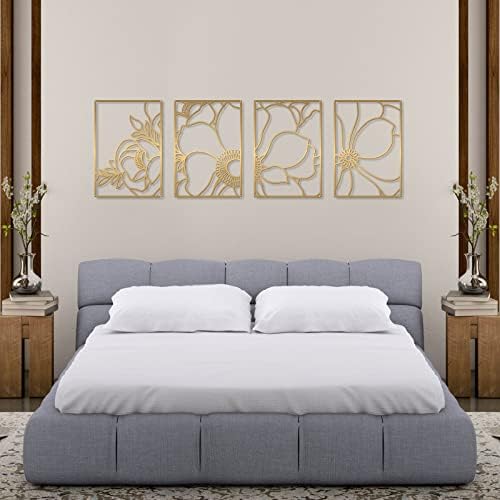 Glamativity Large 4 Pack Gold Wall Art, Minimalist Decor, Real Metal, Nature Floral Abstract, for Bedroom, Living Room