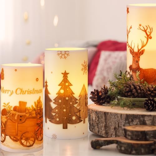 Retisee 3 Pcs Rustic Christmas Flameless LED Candles with Remote for Table