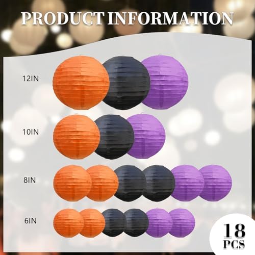 18Pcs Black Orange Purple Paper Lanterns for Parties, 6” 8” 10” 12” Chinese Asian Hanging Round Paper Lanterns for Birthday Wedding Halloween Christmas Home Decor Party Decor