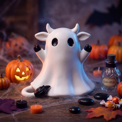 RattanView Halloween Ghost Highland Cow Figurine Mini Resin Decoration Gift