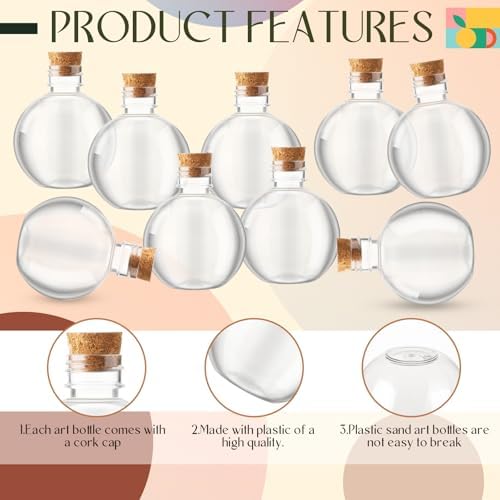 Jinei 9 Pcs 8 Oz Clear Plastic Potion Bottles Sphere Corked,Wooden,Topper