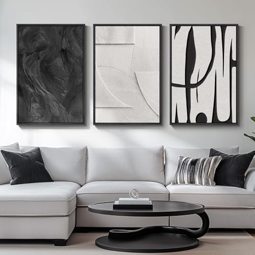 3D Large Framed Black and White Abstract Wall Art for Living Room, 3 Piece