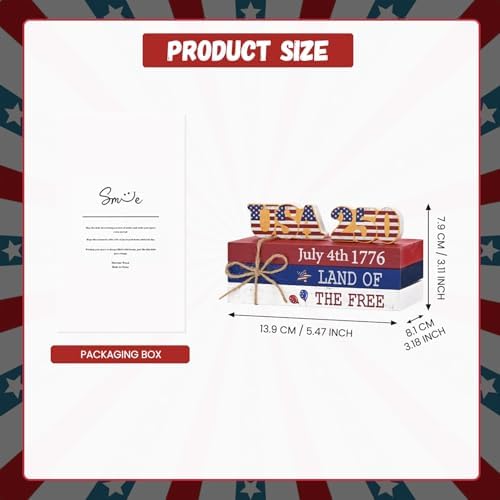 Smile 4th of July 250th Anniversary Wooden Block Stack with USA Decor, 5-Piece "Land of the Free" Patriotic Tiered Tray Tabletop Sign for Independence Day Decorations