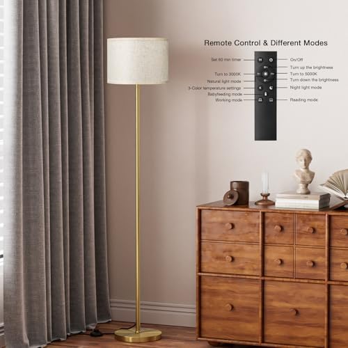 Ambimall 60'' Modern Floor Lamp with Remote, Tall Lamps for Living Room, Bedroom, Office, Dining Room, Beige Shade with
