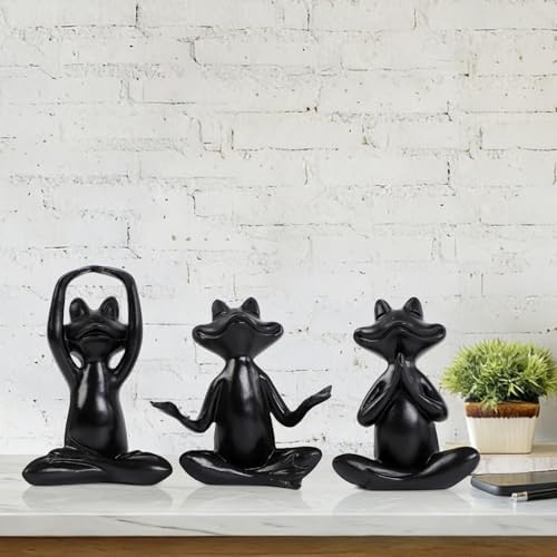 Suoedd Black Frog Yoga Figurines 3 Pcs,Modern Decor for Shelf,Desk,Office