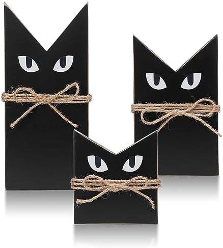 3 PCS Wooden Black Cats Decor, Spooky Cat Theme, Halloween Tiered Tray Decor, Farmhouse Halloween Tiered Tray and Mantle Decoration, Fall Accent, Wood Sign Rustic Style, Halloween Decoration Indoor