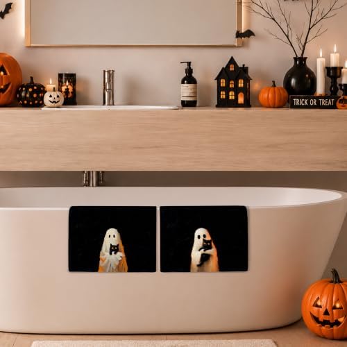 Halloween Ghost Black Cat Kitchen Towels, Halloween Hand Towels for Bathroom Decor, Whimsical Spooky Ghost Hugs Black Cat Dishcloths Dish Towel for Kitchen 16x24 Inches Set of 2