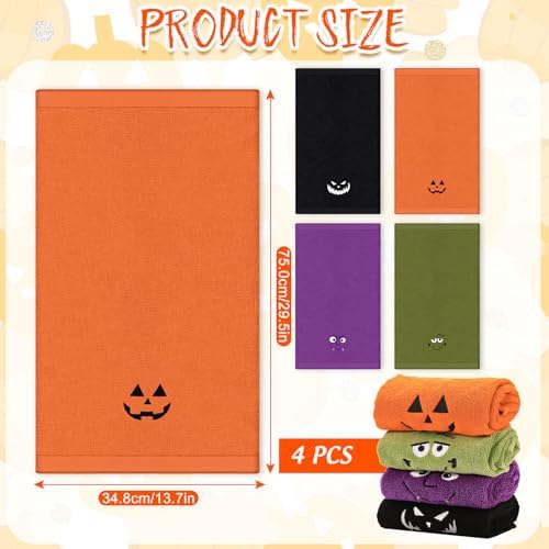 Whaline 4Pcs Halloween Hand Towels Spooky Pumpkin Face Monster Embroidered Cotton Bathroom Towel Absorbent Bath Towel for Hand Drying Cleaning Cooking, 29.5 x 13.7 Inch