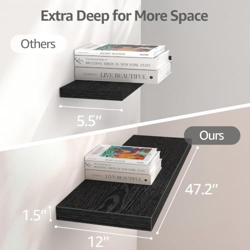 QEEIG 12" Deep Floating Shelves for Wall (Black, Set of 3, 47.2" x 12")