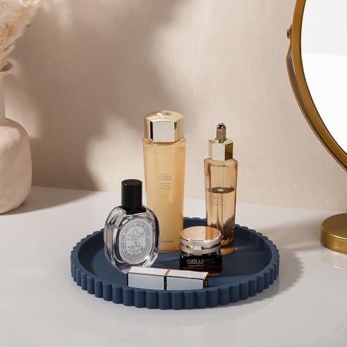 Round Bathroom Tray Perfume Organizer Coffee Table Decor, 9" Dark Blue