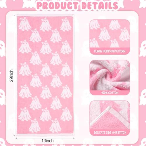 Breling 2 Pcs Halloween Bow Ghost Hand Towels Pink White Bathroom Towels