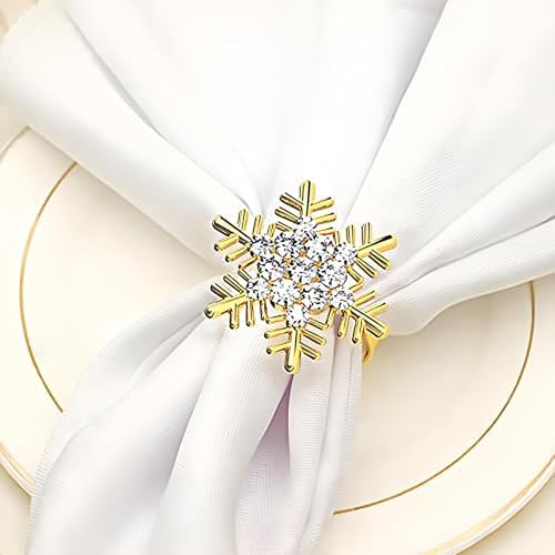Christmas Napkin Rings Set of 6, Metal Winter Gold Snowflake Napkin Holders Wedding Dinner Parties Home Table Decors Winter Decorations Christmas Decors