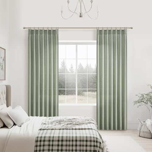 Sage Green Pleated Thick Linen Semi Sheer 86 Inch Curtains for Dining Room