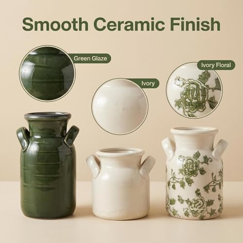 Ceramic Vase Set of 3 with Two Handles, Green White Neutral Rustic Modern Farmhouse Boho Decor, Versatile as Table