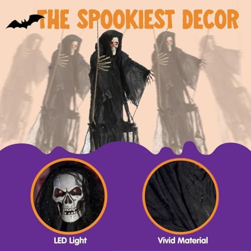 JOYIN 2 Pcs Halloween Hanging Swinging Ghosts Decorations Outdoor, Halloween Scary Decor with Lighted Up Eyes, Creepy Swinging Skeleton Flying Props for Yard Patio Lawn Garden