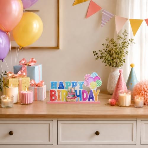 Smile Birthday Wooden Standing Decor Set, Happy Birthday Balloon Cake Tiered Tray Tabletop Signs with Stands for Birthday Party Home Kitchen Shelf Decorations
