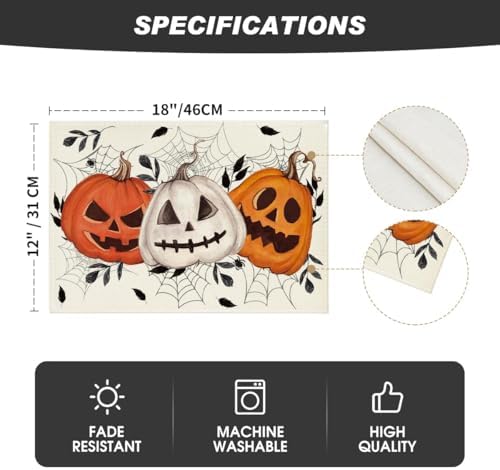 Artoid Mode Pumpkins Spider Web Halloween Placemats Set of 4, 12x18 Inch Fall Holiday Table Mats for Party Kitchen Dining Decoration