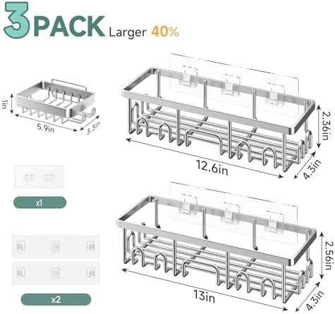Veken Shower Caddy 3-Pack, Advanced Rustproof Design, No Drilling Adhesive Shelves, Rack with Soap Holder, Large