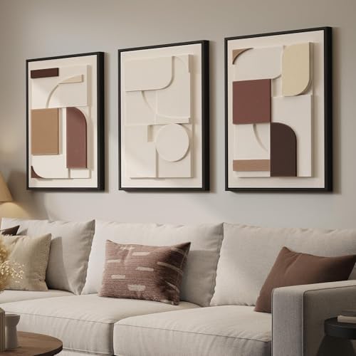 3D Textured Neutral Abstract Framed Wall Art Set of 3, 16x24 In
