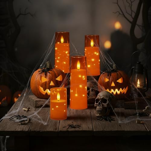 Raycare Orange Halloween Flameless LED Pillar Candles with Remote Timer