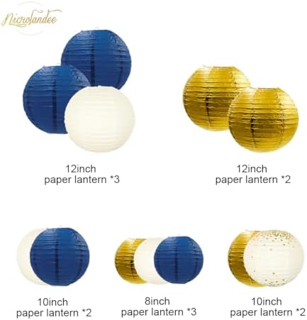 NICROLANDEE Party Decorations 12PCS Navy Blue Gold Hanging Paper Lanterns