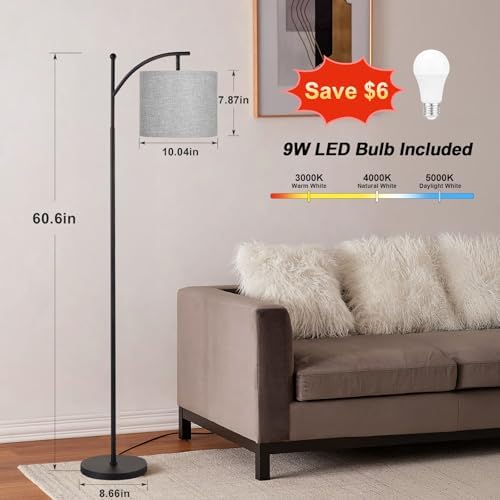 Ambimall 60" Floor Lamp for Living Room with 3 Color Temperatures, Adjustable Grey Shade with Black Pole, Tall Lamp for
