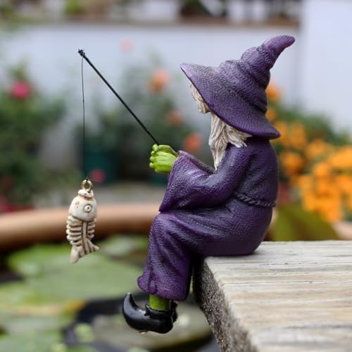 Fishing Witch Statue Funny Halloween Decorations, 4.7 Inch Sitting Witch Figurine Shelf Sitter Resin Sculpture for Outdoor Garden Yard Lawn Pond Waterfalls Pool Ornaments