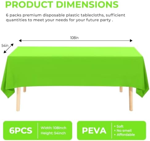 6 Pack Premium Disposable Plastic Tablecloth 54" x 108" Party Table Cloths Disposable for 6 to 8 Foot Tables Indoor or Outdoor Birthdays Weddings Christmas Anniversary Buffet Table (Green)