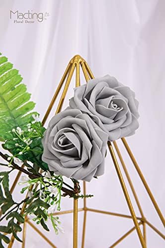 MACTING 30PCS Grey Artificial Roses with Stems, Real Touch Foam Flowers