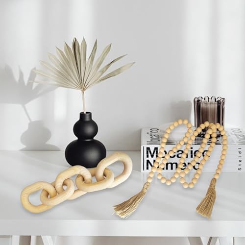 Decorative 5 Link Wooden Chain Decor and Bead Boho Farmhouse Rustic Home Table / Natural / Set of 2